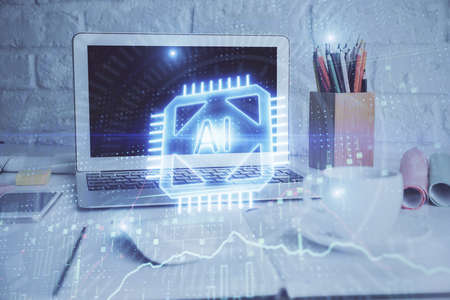 Double exposure of desktop with personal computer on background and tech theme drawing. Concept of Bigdata.の写真素材