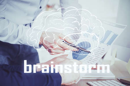Creative start up concept hologram double exposure with human hand background.の写真素材