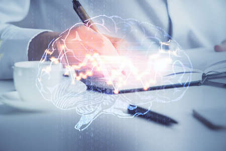 Brain multi exposure icon with man hands background. Concept of learning.