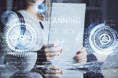 Multi exposure of womans writing hand on background with data technology hud. Big data concept.