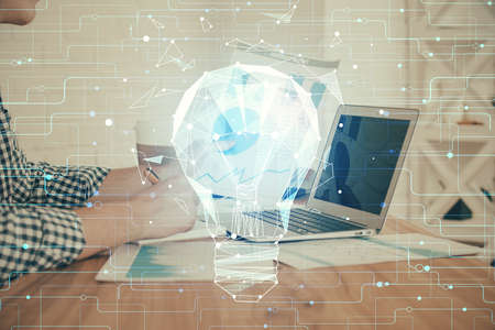 Growing arrows with businessman working on computer on background. Success concept. Double exposure.