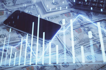 Double exposure of forex graph drawing over us dollars bill background. Concept of financial markets.の写真素材