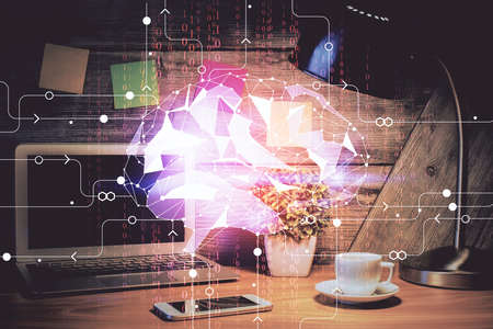 Double exposure of desktop computer and human brain drawing hologram. Ai concept.