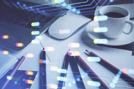 Double exposure of desktop with computer on background and tech theme drawing. Concept of big data.の写真素材