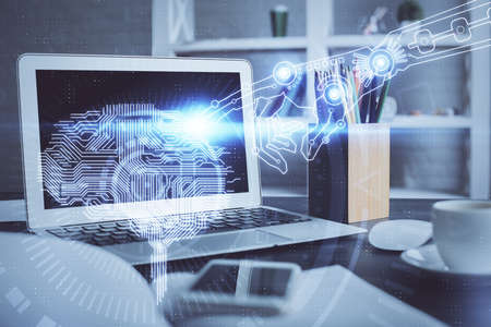 Double exposure of desktop computer and human brain drawing hologram. Ai concept.