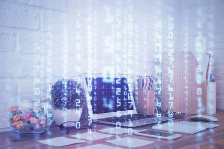 Multi exposure of desktop with personal computer and tech theme drawing. Concept of Bigdata.