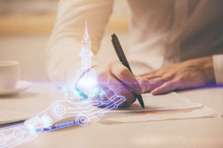 Creative start up concept hologram double exposure with human hand background.