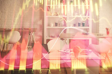 Double exposure of financial graph drawing and office interior background. Concept of stock market.