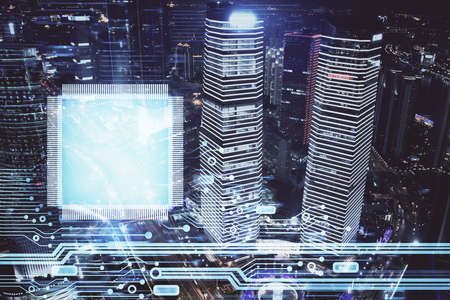 Data theme hologram drawing on city view with skyscrapers background multi exposure. Ai concept.の写真素材
