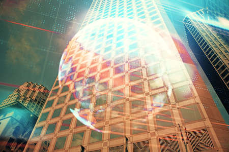 Double exposure of technology theme hologram and cityscape background. Concept of Hightech.の写真素材