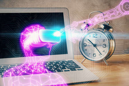 Computer on desktop with AR theme icon. Multi exposure. Concept of augmented reality.