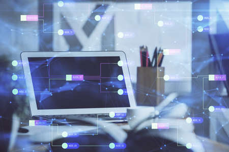 Double exposure of desktop with personal computer on background and tech theme drawing. Concept of...