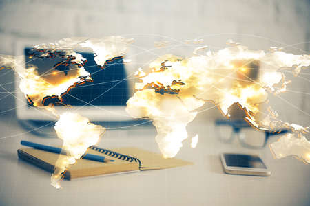 Multi exposure of business theme icons and work space with computer background. Concept of success.の写真素材