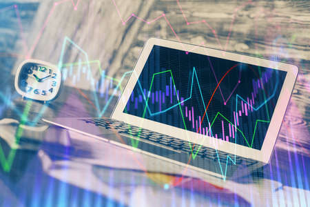 Multi exposure of forex chart and work space with computer. Concept of international online trading.