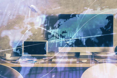 Multi exposure of forex chart and work space with computer. Concept of international online trading.の写真素材