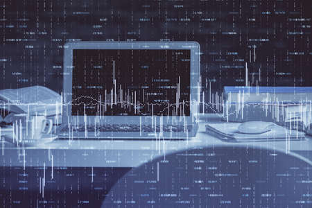 Financial graph colorful drawing and table with computer on background. Multi exposure. Concept of...