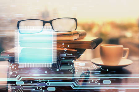 Data tech hologram with glasses on the table background. Concept of technology. Double exposure.の写真素材