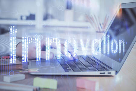 Businessman working on Laptop with technology theme drawing. Concept of big data. Double exposure.