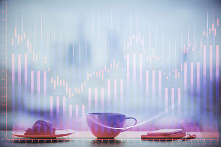 Double exposure of forex chart over coffee cup background in office. Concept of financial analysis and success.の写真素材