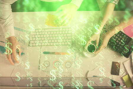 Double exposure of man and woman working together and financial chart hologram drawing. market...