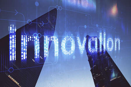 Data theme hologram drawing on city view with skyscrapers background double exposure. Ai concept.の写真素材