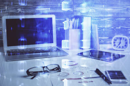 Multi exposure of desktop with computer on background and tech theme drawing. Concept of big data.の写真素材