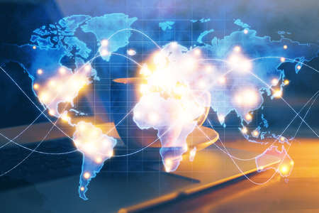 Multi exposure of business theme icons and work space with computer background. Concept of success.の写真素材