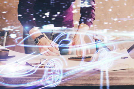 Close up of human hands background and autonomous self drive pilot vehicle concept. Multi exposure.
