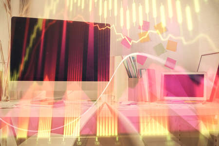 Double exposure of financial graph drawing and office interior background. Concept of stock market.
