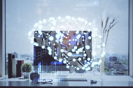 Double exposure of desktop with computer and brain drawing hologram. Artificial intelligence...