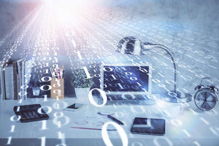 Multi exposure of table with computer on background and data theme drawing. Concept of innovation.