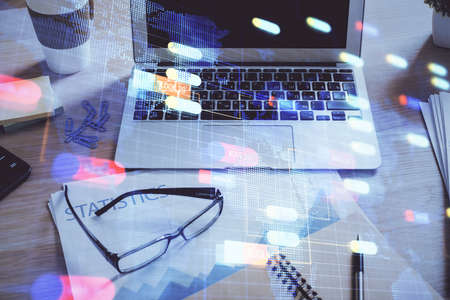 Multi exposure of desktop with computer on background and tech theme drawing. Concept of big data.