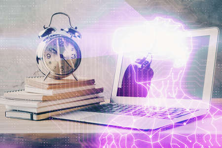 Computer on desktop with AR theme icon. Multi exposure. Concept of augmented reality.