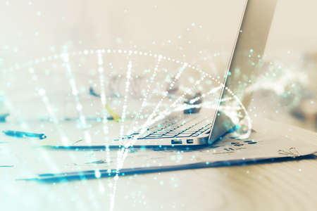 Desktop computer background and DNA drawing. Double exposure. Science concept.