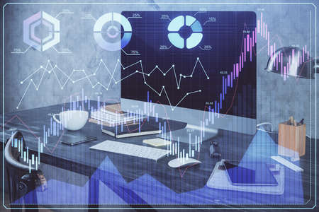 Double exposure of forex chart and work space with computer. Concept of international online...