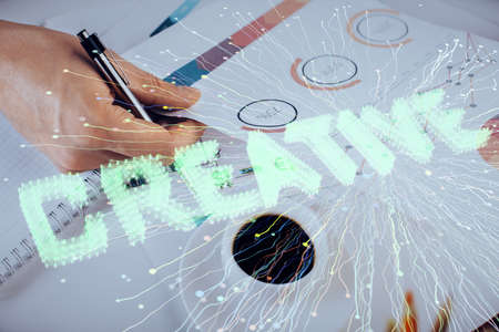 Creative start up concept hologram double exposure with human hand background.