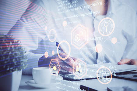 Humans hands with data theme multi exposure background drawings. Concept of innovation.