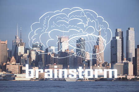 Double exposure of start up theme drawings over cityscape background. Concept of success.の写真素材