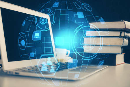 Computer on desktop with social network hologram. Double exposure. Concept of international people...