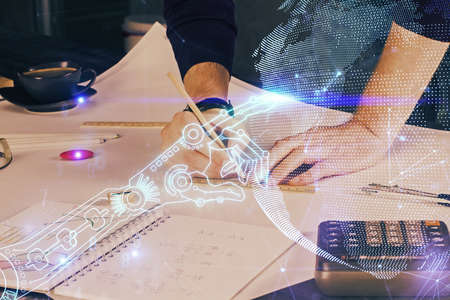 Close up of human hands background and abstract innovative technologies for industries. Multi exposure.の写真素材