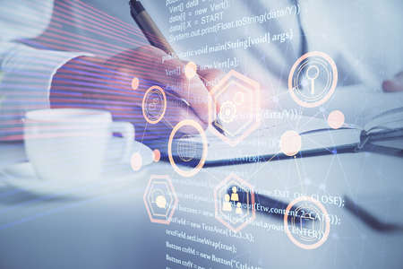Humans hands with data theme multi exposure background drawings. Concept of innovation.