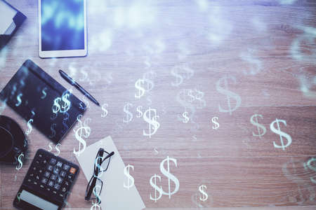 Double exposure of forex graph drawing and work table top veiw. Concept of financial analysis.の写真素材