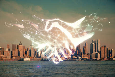 Double exposure of handshake hologram over city view background. Concept of partnership.