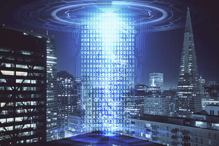 Data theme hologram drawing on city view with skyscrapers background multi exposure. Ai concept.