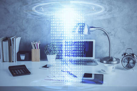 Multi exposure of table with computer on background and data theme drawing. Concept of innovation.
