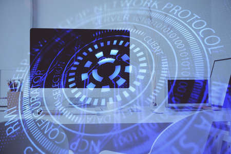 Double exposure of desktop with personal computer on background and tech theme drawing. Concept of...