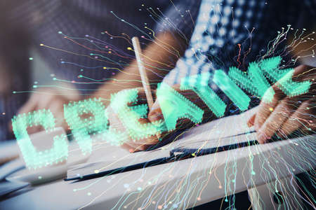 Creative start up concept hologram double exposure with human hand background.