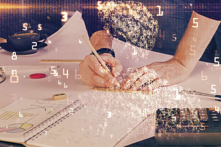 Close up of human hands background and abstract innovative technologies for industries. Multi exposure.の写真素材