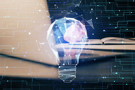 Innovative your business. Idea concept icon on writing mans hand background. Multi exposure.