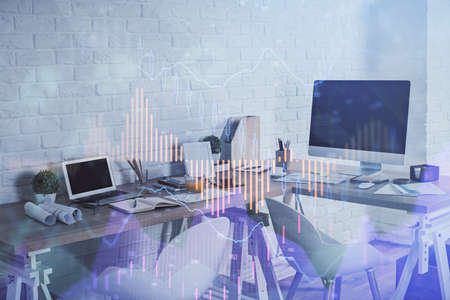 Multi exposure of stock market chart drawing and office interior background. Concept of financial...